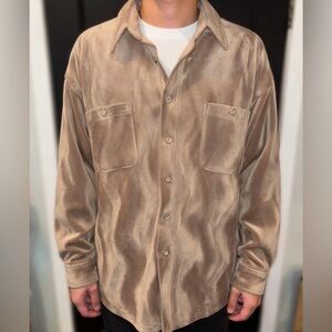 Jordan Craig Taupe Velour Button Up Shirt Long Sleeve Retro 70s Size XXL